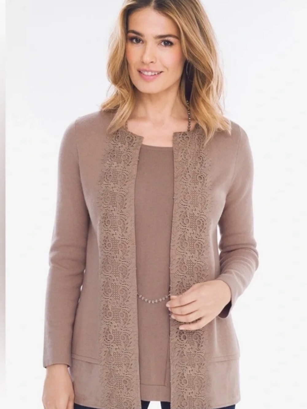 Chico’s Lace-Front Open Cardigan Taupe Sweater-size 2